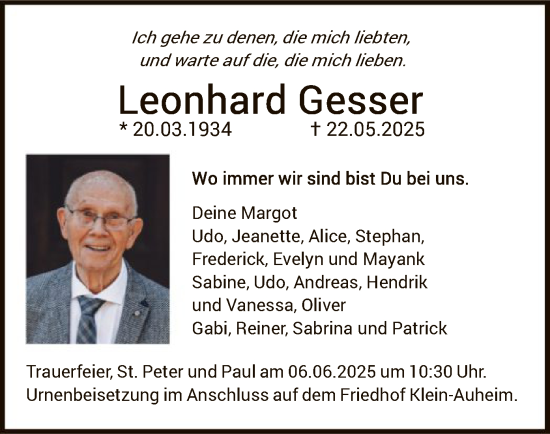 Todesanzeige von Leonhard Gesser von OFOP