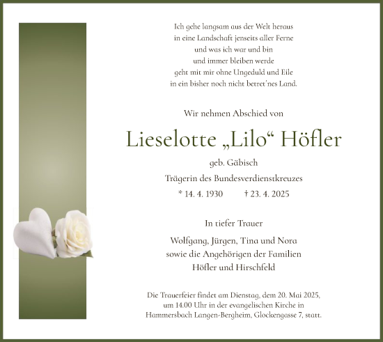 Todesanzeige von Lieselotte Höfler von OF