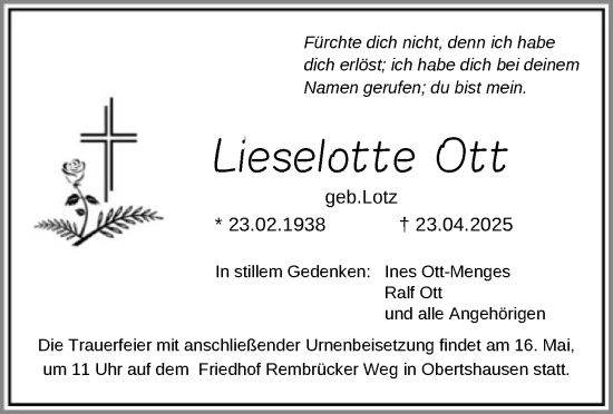 Todesanzeige von Lieselotte Ott von OF