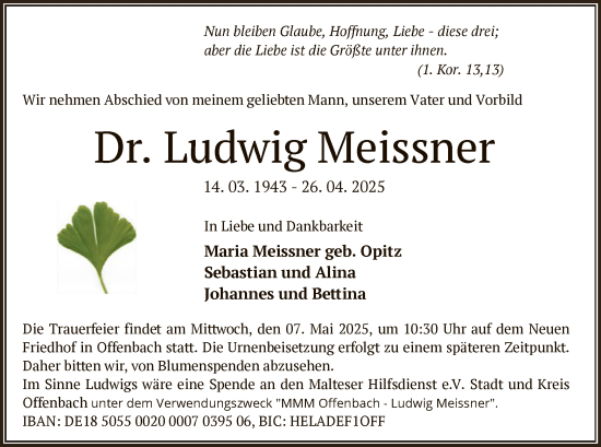 Todesanzeige von Ludwig Meissner von OF
