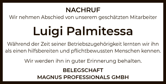 Todesanzeige von Luigi Palmitessa von OFOP