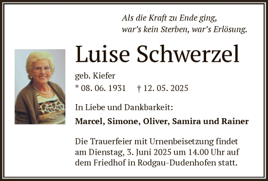 Todesanzeige von Luise Schwerzel von OFOP
