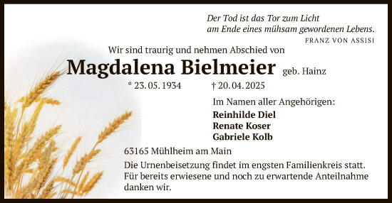 Todesanzeige von Magdalena Bielmeier von OF