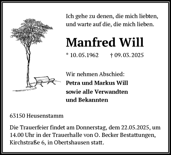 Todesanzeige von Manfred Will von OF