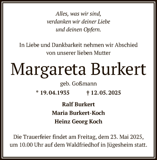 Todesanzeige von Margareta Burkert von OF