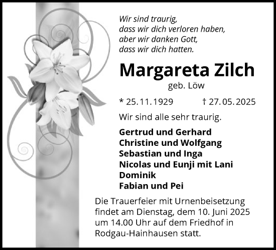 Todesanzeige von Margareta Zilch von OFOP
