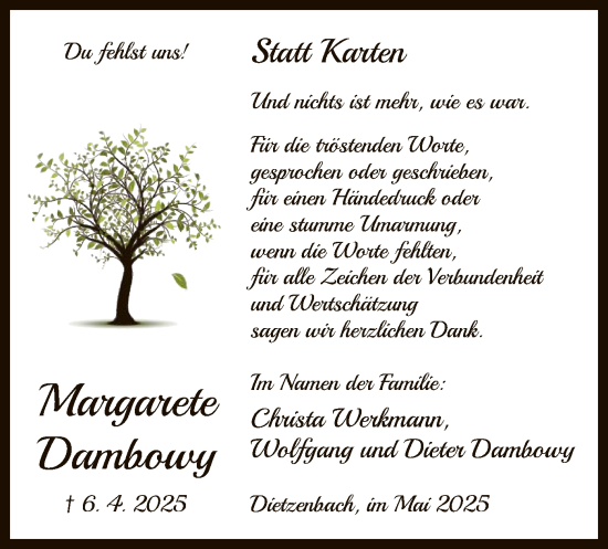 Todesanzeige von Margarete Dambowy von OF
