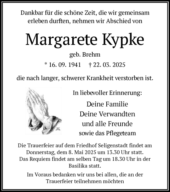 Todesanzeige von Margarete Kypke von OF
