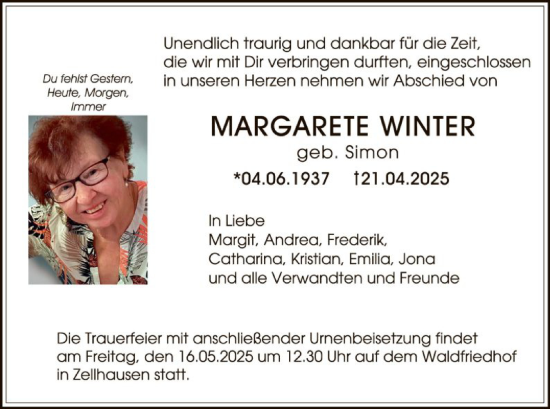 Todesanzeige von Margarete Winter von OF