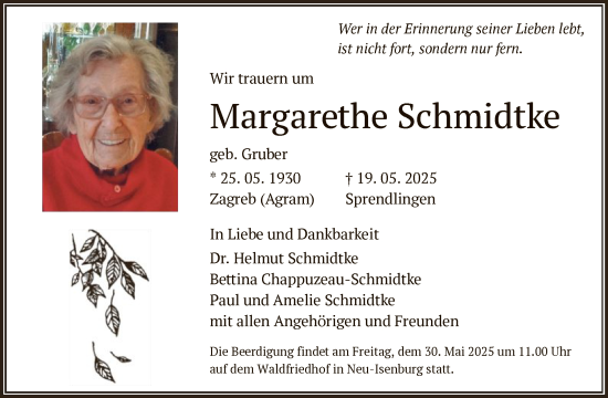 Todesanzeige von Margarethe Schmidtke von OFOP