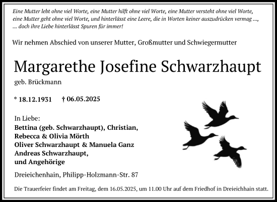 Todesanzeige von Margarethe Josefine Schwarzhaupt von OF