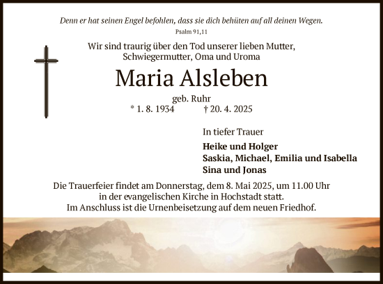 Todesanzeige von Maria Alsleben von OF
