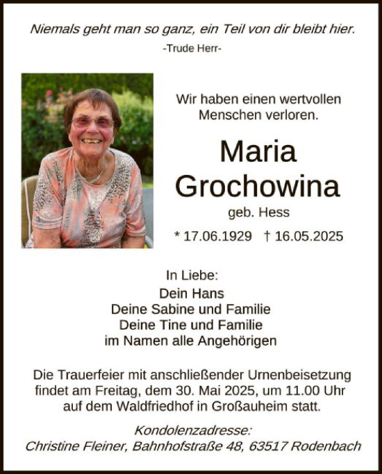 Todesanzeige von Maria Grochowina von OFHA