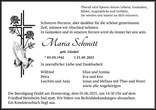 Todesanzeige von Maria Schmitt von OFOP