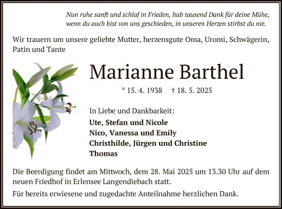 Todesanzeige von Marianne Barthel von OFHA