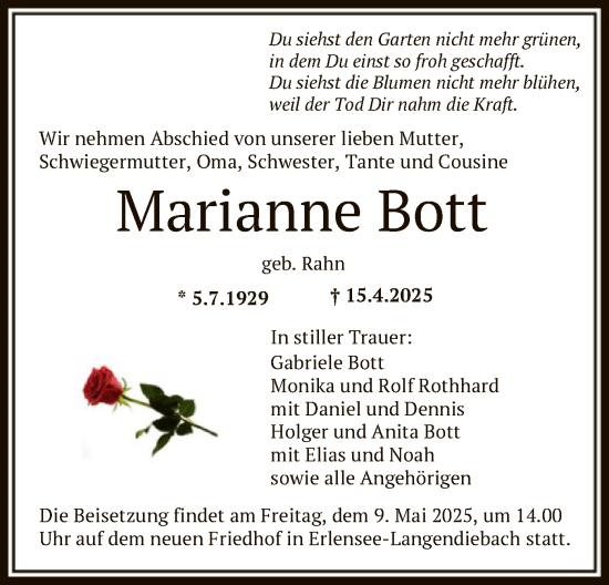 Todesanzeige von Marianne Bott von OF