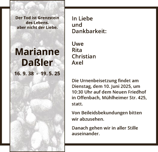 Todesanzeige von Marianne Dassler von OFOP