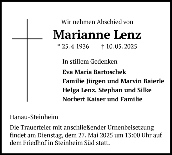 Todesanzeige von Marianne Lenz von OF