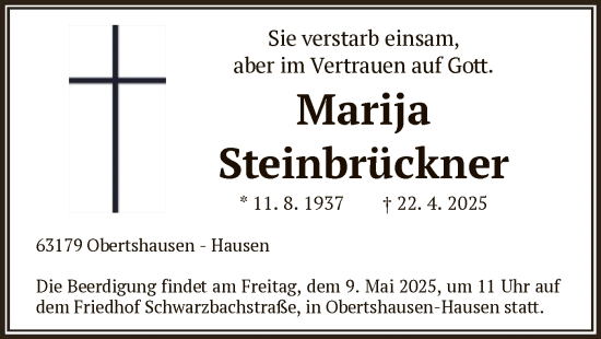 Todesanzeige von Marija Steinbrückner von OF