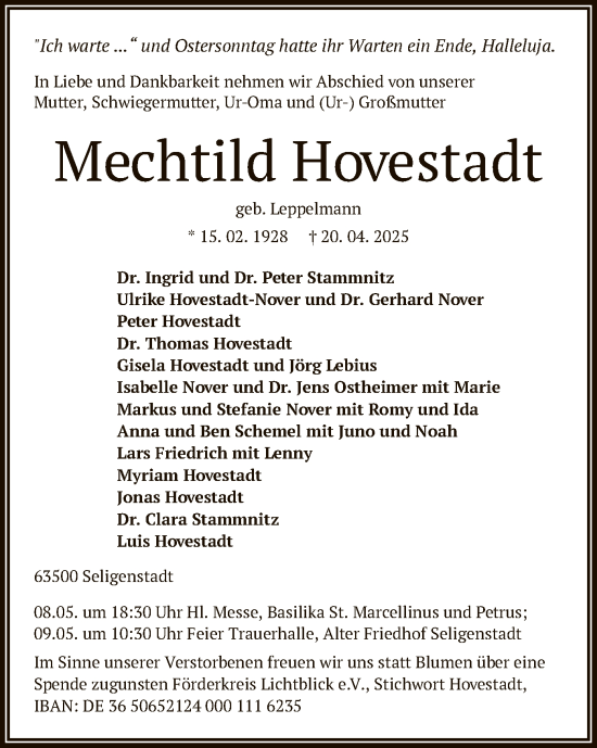 Todesanzeige von Mechtild Hovestadt von OF