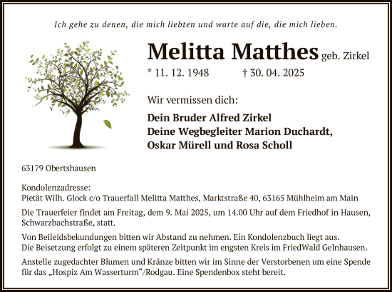 Todesanzeige von Melitta Matthes von OF