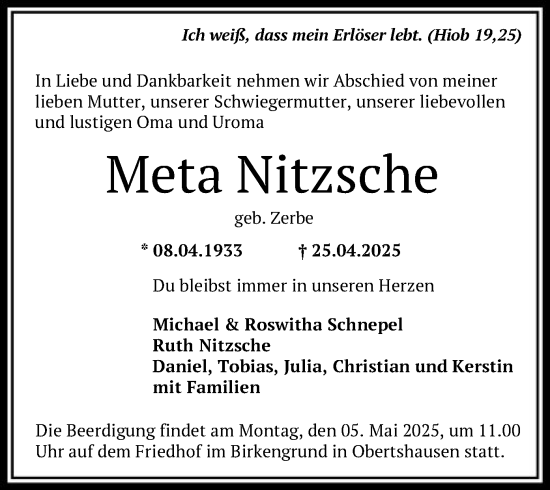 Todesanzeige von Meta Nitzsche von OF