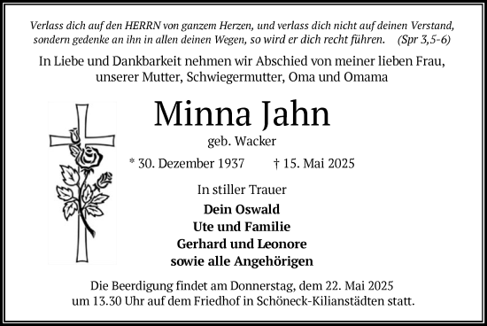Todesanzeige von Minna Jahn von OF