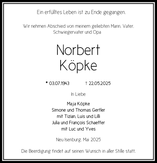 Todesanzeige von Norbert Köpke von OFOP
