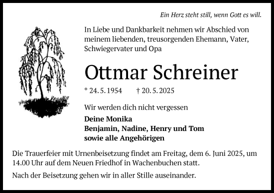 Todesanzeige von Ottmar Schreiner von OFHA