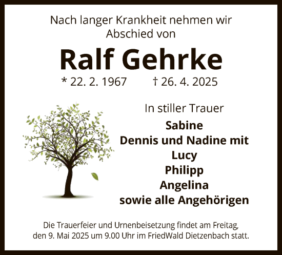 Todesanzeige von Ralf Gehrke von OF