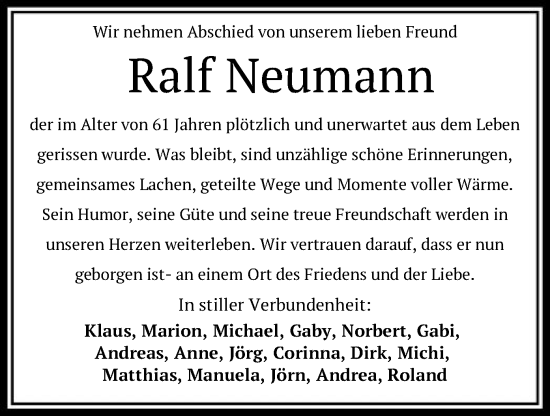 Todesanzeige von Ralf Neumann von OF
