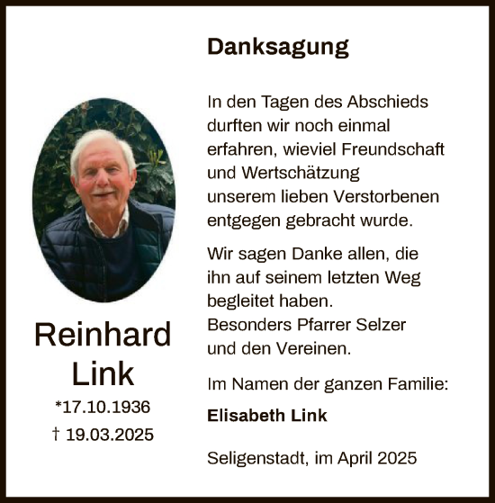 Todesanzeige von Reinhard Link von OF