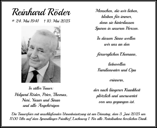 Todesanzeige von Reinhard Röder von OFOP