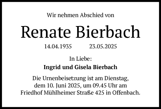 Todesanzeige von Renate Bierbach von OFOP