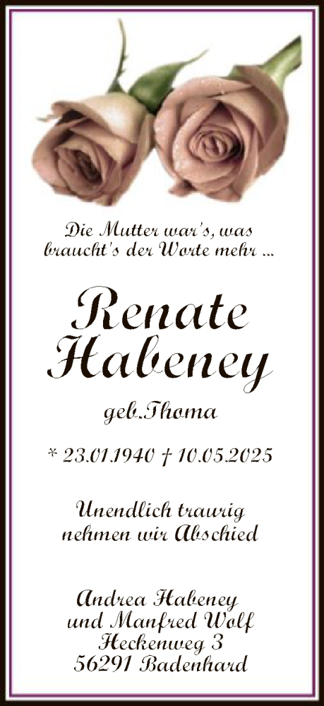 Todesanzeige von Renate Habeney von OF