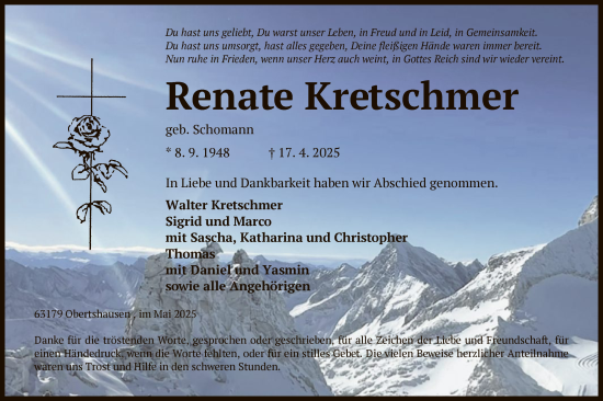 Todesanzeige von Renate Kretschmer von OF