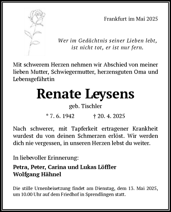 Todesanzeige von Renate Leysens von OF