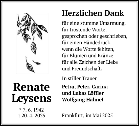 Todesanzeige von Renate Leysens von OF0W