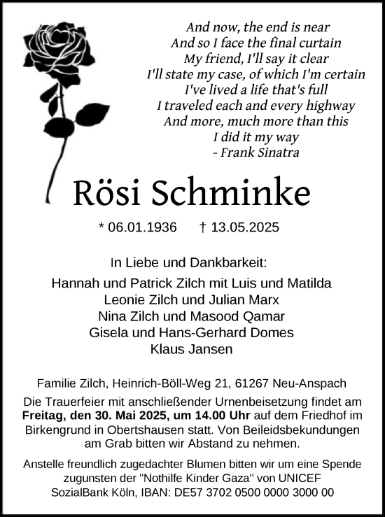 Todesanzeige von Rösi Schminke von OF