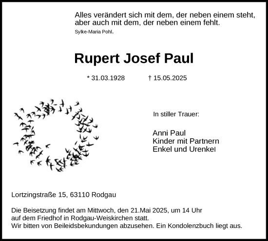 Todesanzeige von Rupert Josef Paul von OF