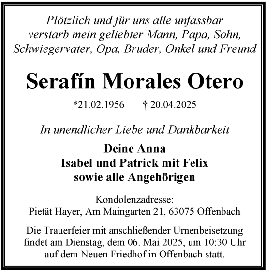 Todesanzeige von Serafin Morales Otero von OF