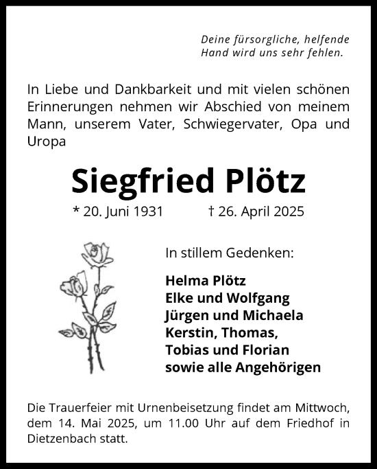 Todesanzeige von Siegfried Plötz von OF