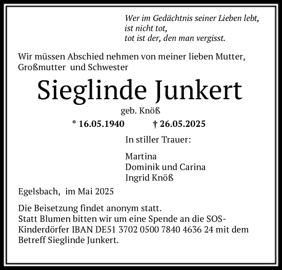 Todesanzeige von Sieglinde Junkert von OF0W