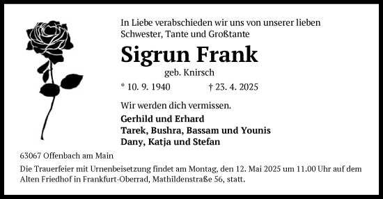 Todesanzeige von Sigrun Frank von OF