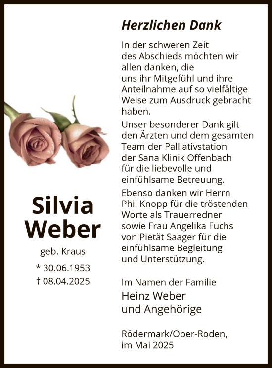 Todesanzeige von Silvia Weber von OF