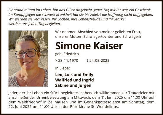 Todesanzeige von Simone Kaiser von OF0L