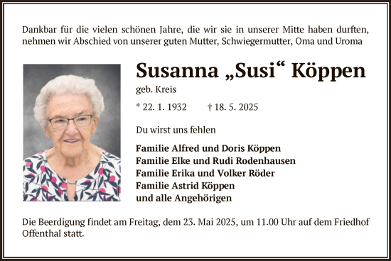 Todesanzeige von Susanna Köppen von OFOP