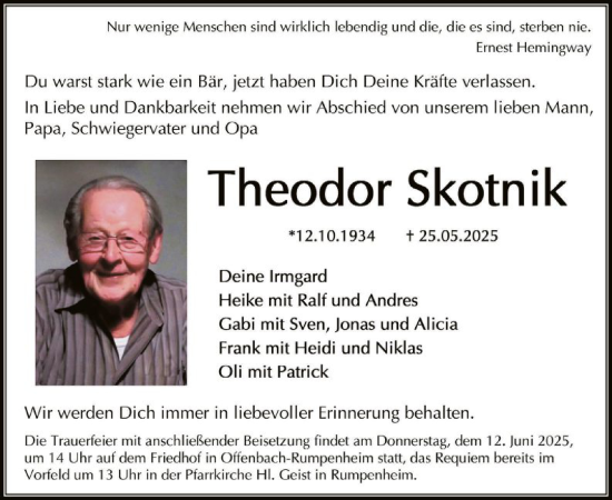 Todesanzeige von Theodor Skotnik von OFOP