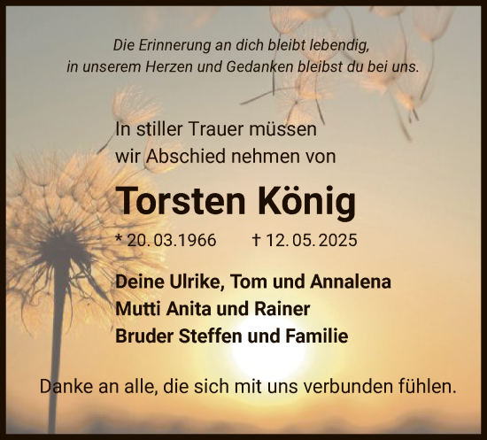 Todesanzeige von Torsten König von OFHA