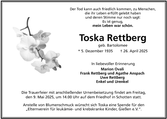Todesanzeige von Toska Rettberg von OF